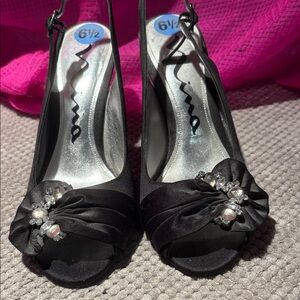 Nina Black Satin Slingback Heels with Embellishments